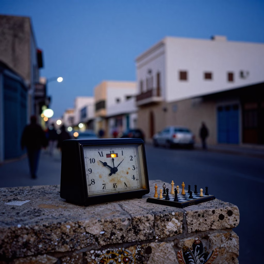 Casablanca Evening Street Scene with Chess Clock and Miniature Bull Terrier in in Casablanca, Morocco