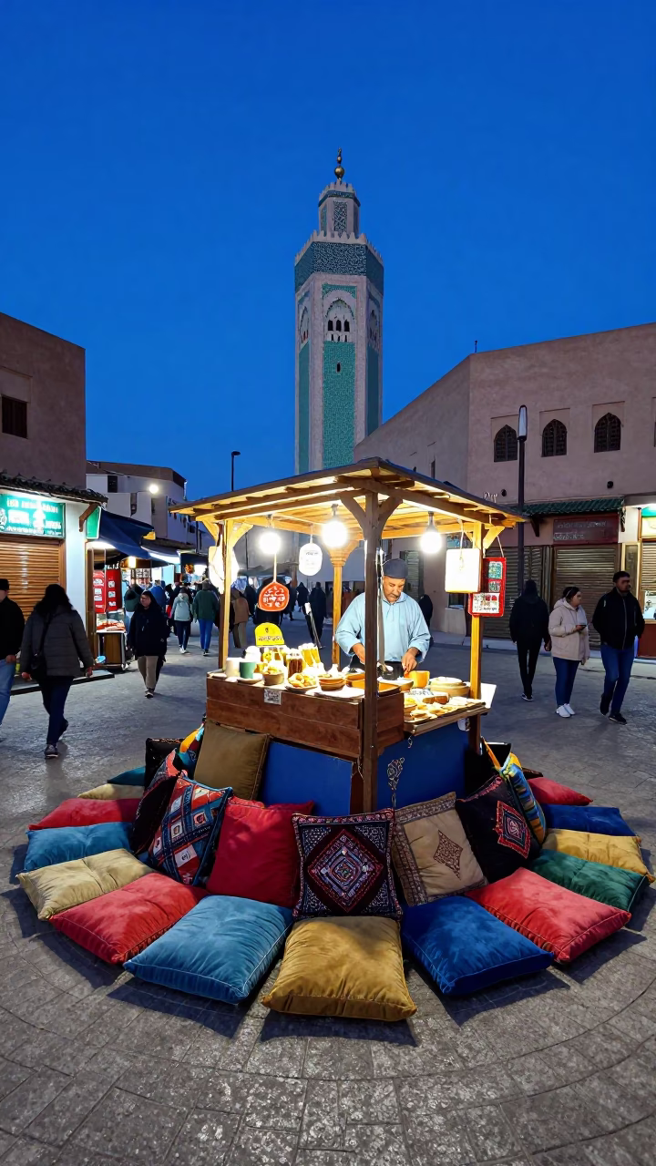 Casablanca Evening Street Scene with Colorful Cushions and Traditional Food in in Casablanca, Morocco