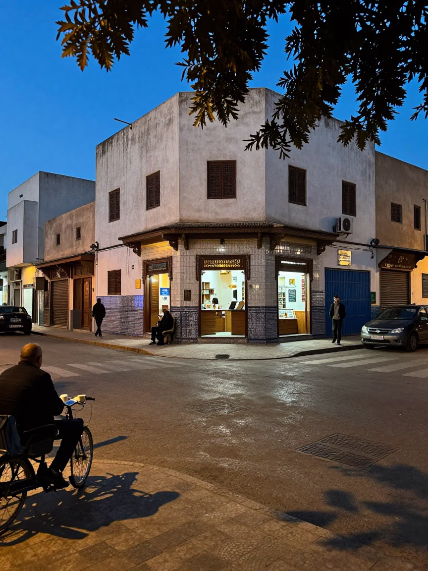 Casablanca Evening Street Scene with Leaf Shadows and Coffee Grinder Detail in in Casablanca, Morocco