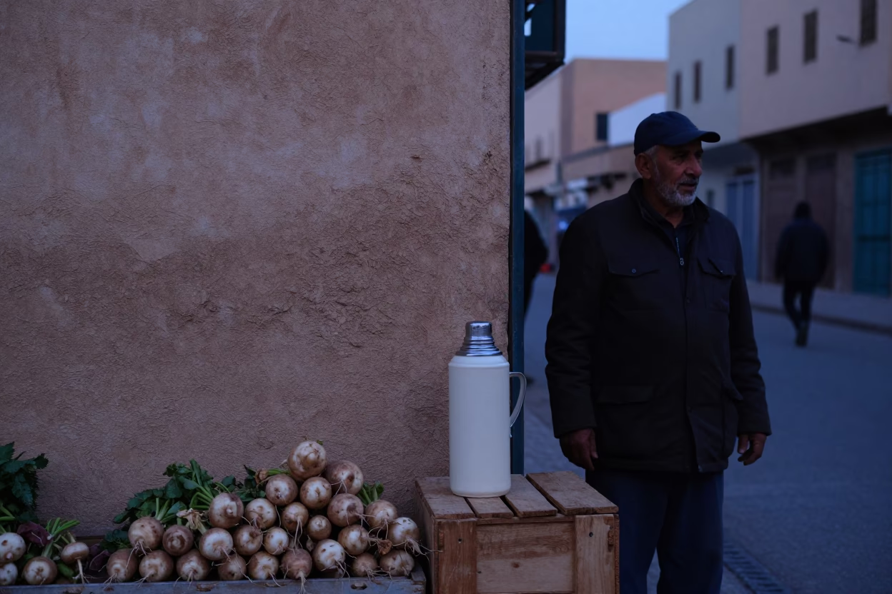 Casablanca Evening Street Scene with Thermos and Turnips in Last Blue Light in in Casablanca, Morocco
