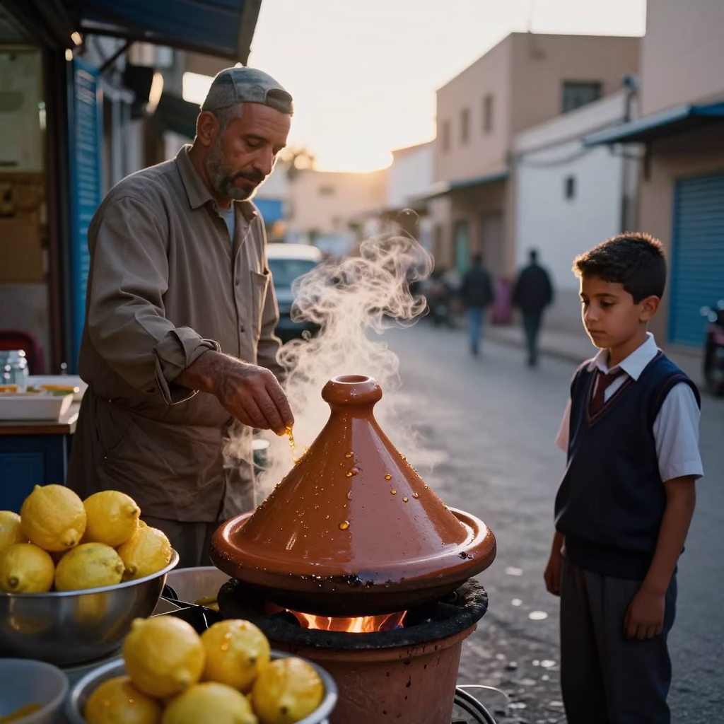 Casablanca Evening Street Scene with Traditional Tagine and Preserved Lemons in Honeyed Light in in Casablanca, Morocco