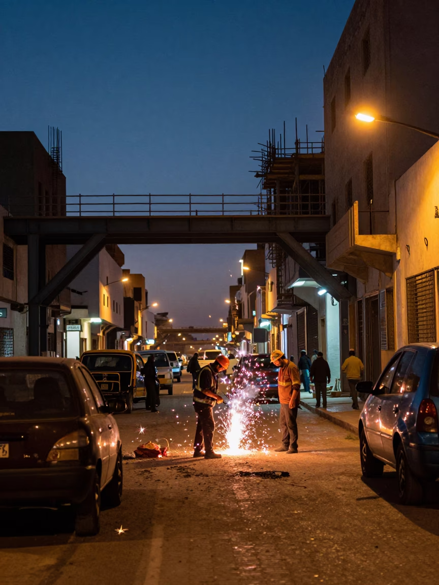 Casablanca Evening Street Scene with Welding Sparks Under Construction Bridge in in Casablanca, Morocco