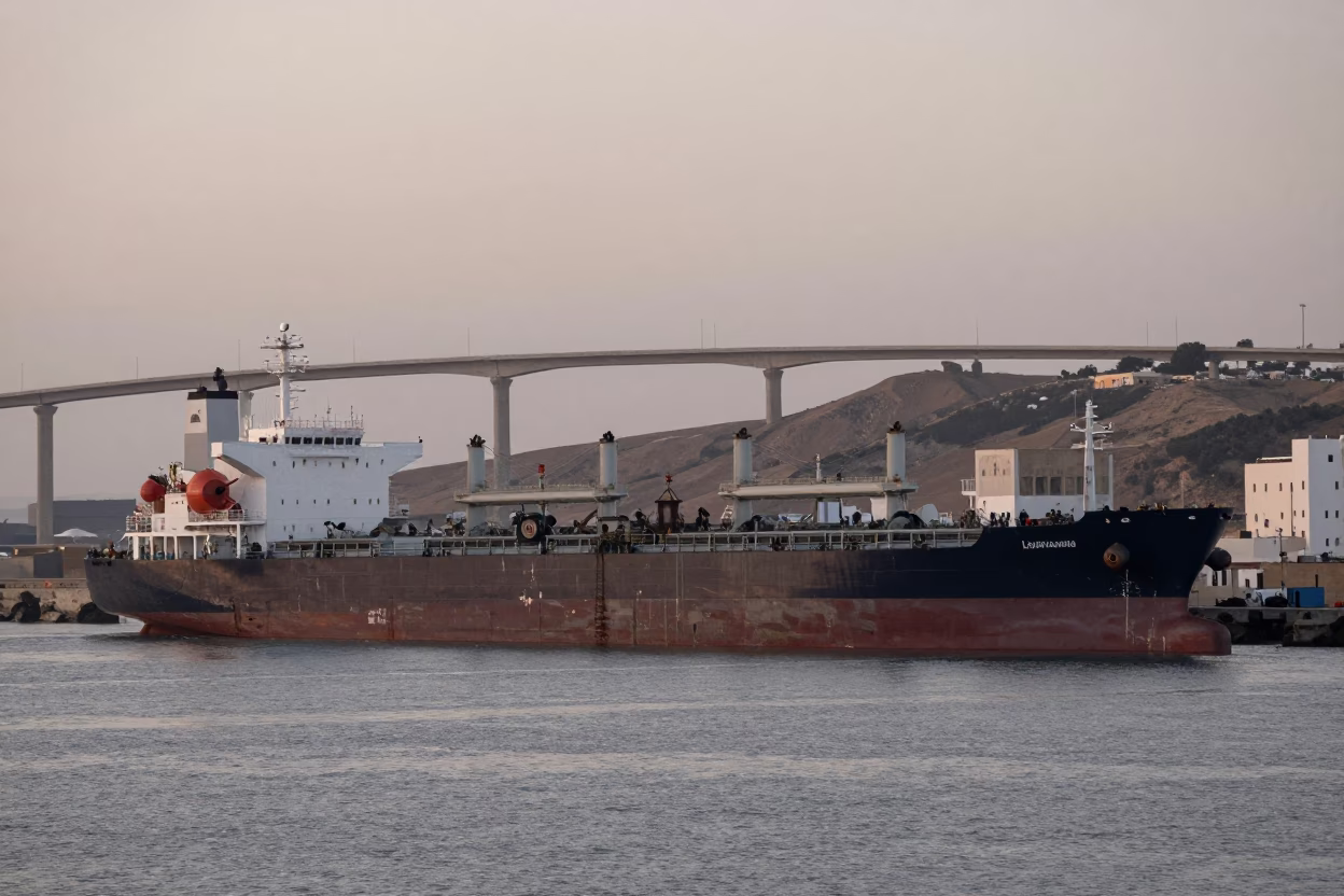 Casablanca Harbor Dawn Concrete Viaduct Tanker Ship Refinery Dock Pre-Sunrise in in Casablanca, Morocco