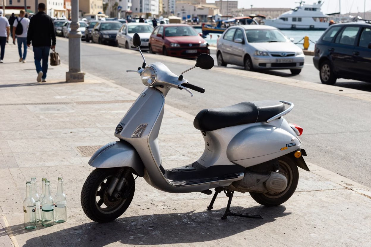 Casablanca Harbor Promenade Early Afternoon Scooter and Glass Bottles in in Casablanca, Morocco
