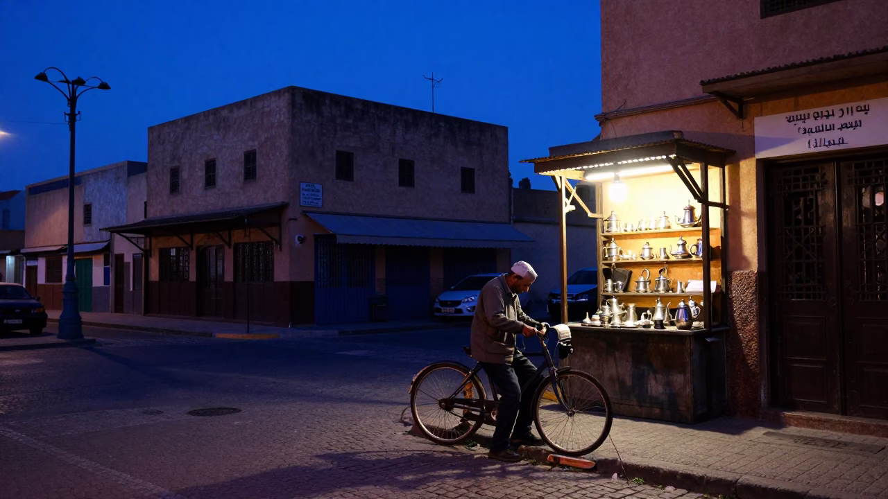 Casablanca indigo twilight street scene with bicycle wheel repair and apothecary jar in in Casablanca, Morocco