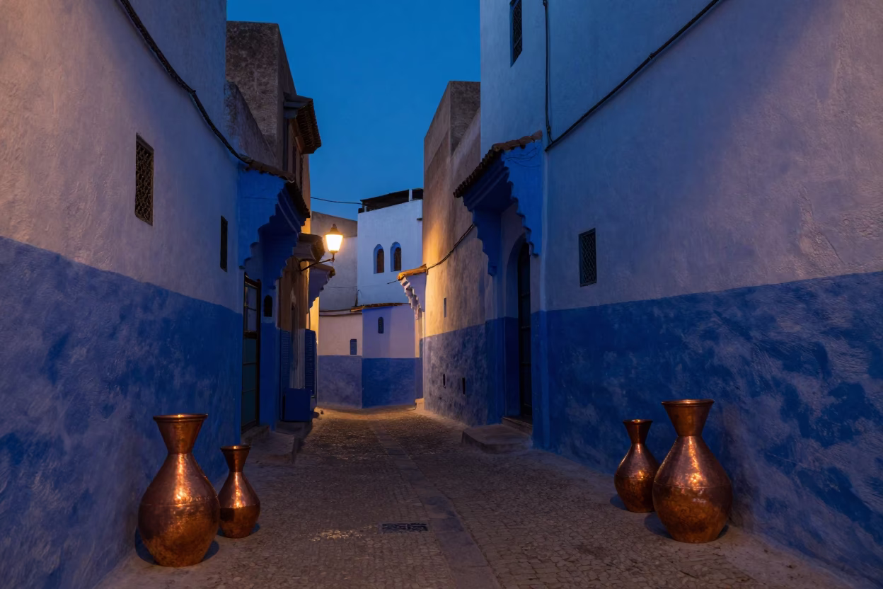 Casablanca indigo twilight street scene with copper pots and spice tins in in Casablanca, Morocco
