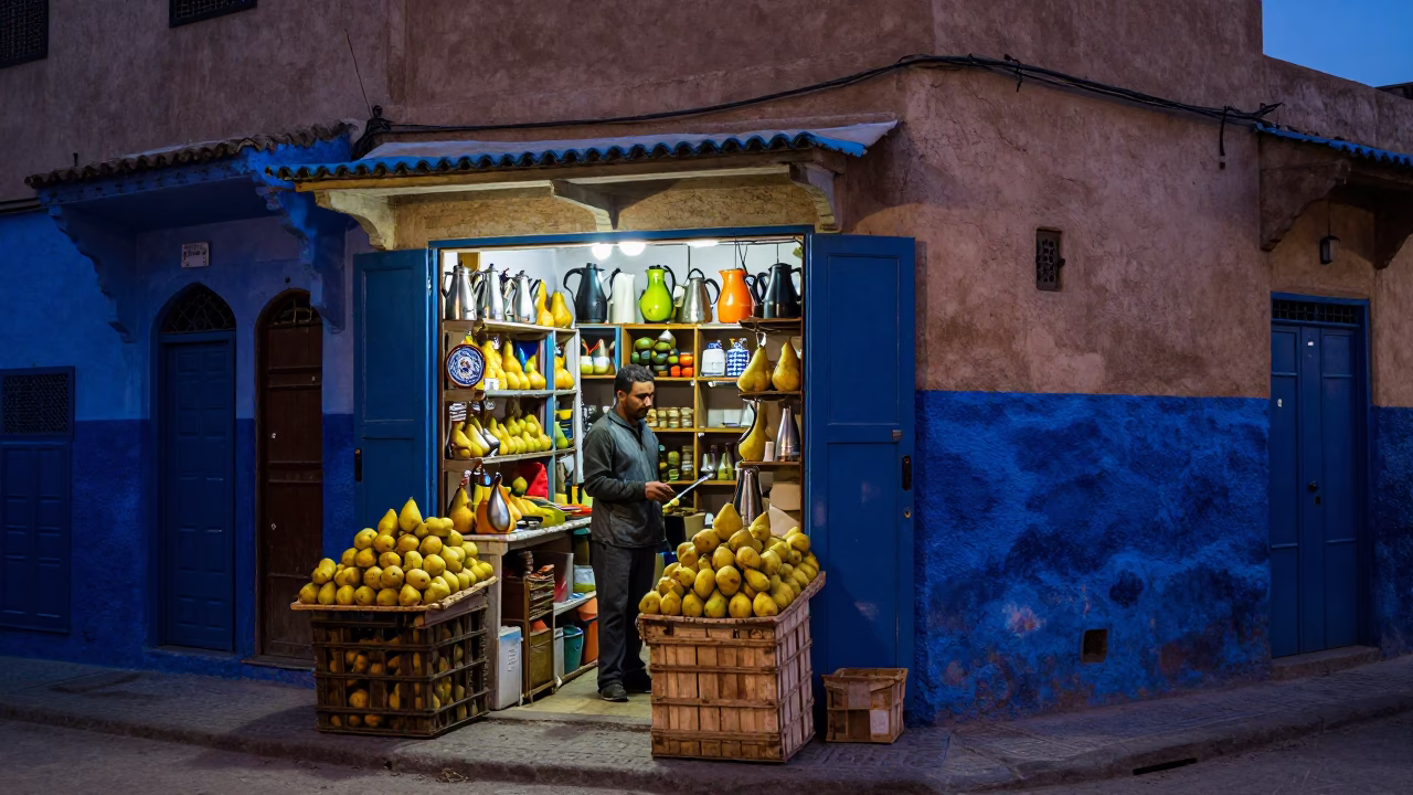 Casablanca indigo twilight street scene with electric kettle and pears in local shop in in Casablanca, Morocco