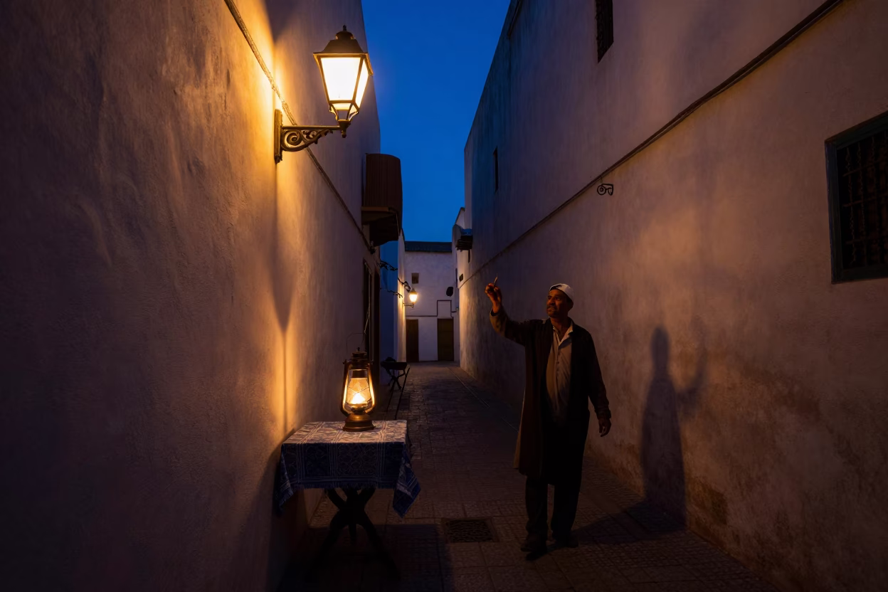 Casablanca indigo twilight street scene with hurricane lamp and tiffin tin in in Casablanca, Morocco