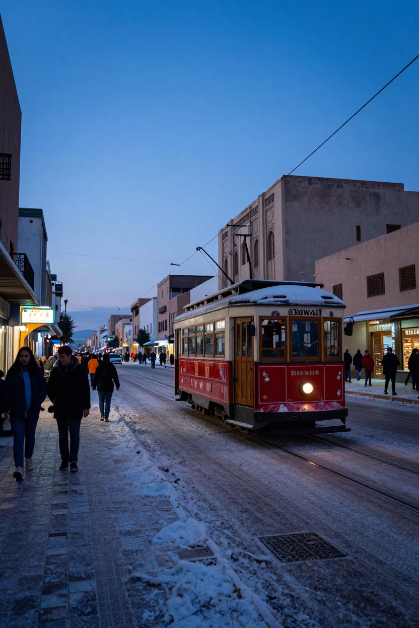 Casablanca indigo twilight street scene with tramcar and local architecture in in Casablanca, Morocco
