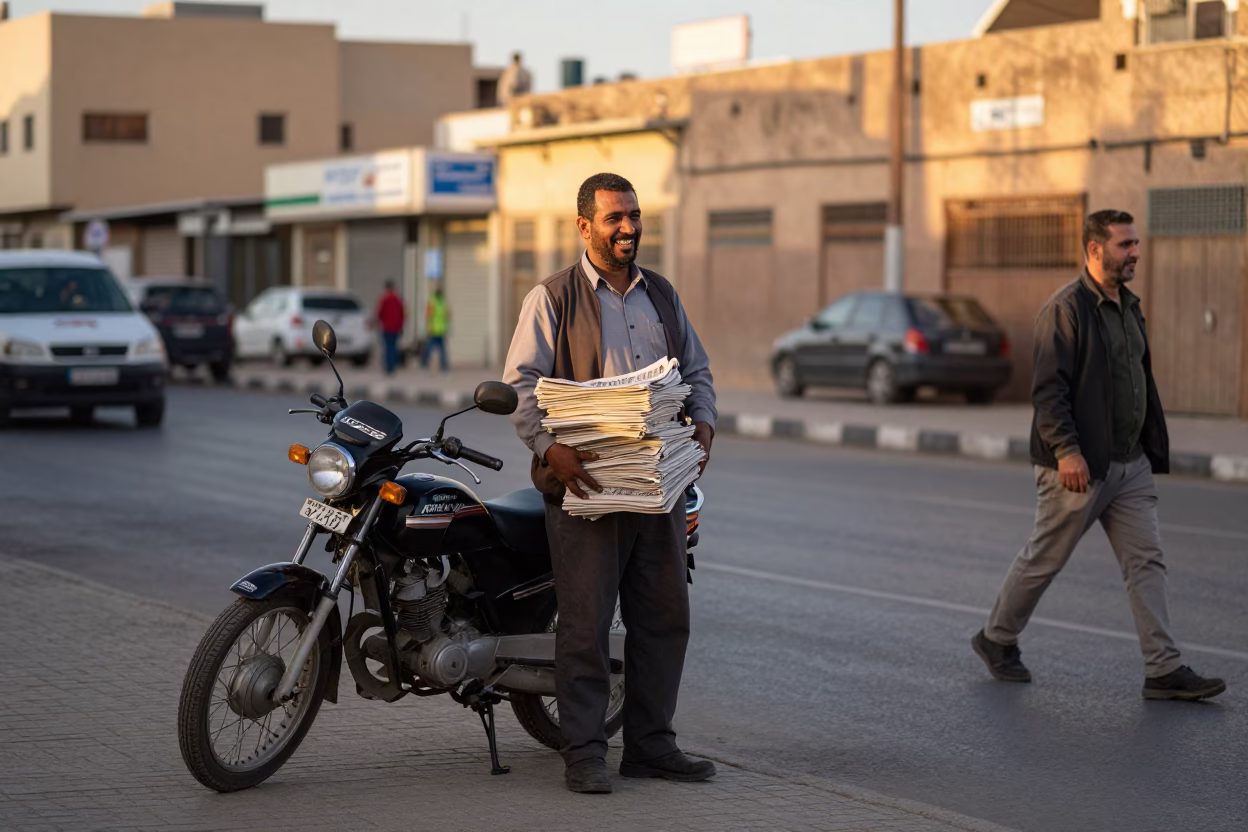 Casablanca Late Afternoon Street Scene with Local Vendor and Newspaper Stack in in Casablanca, Morocco