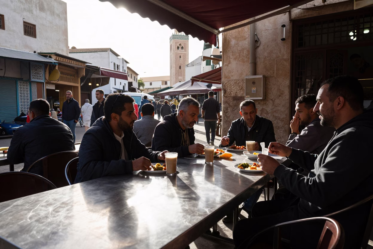 Casablanca Late Morning Street Scene with Brushed Steel Tabletop and Watering Bottle in in Casablanca, Morocco