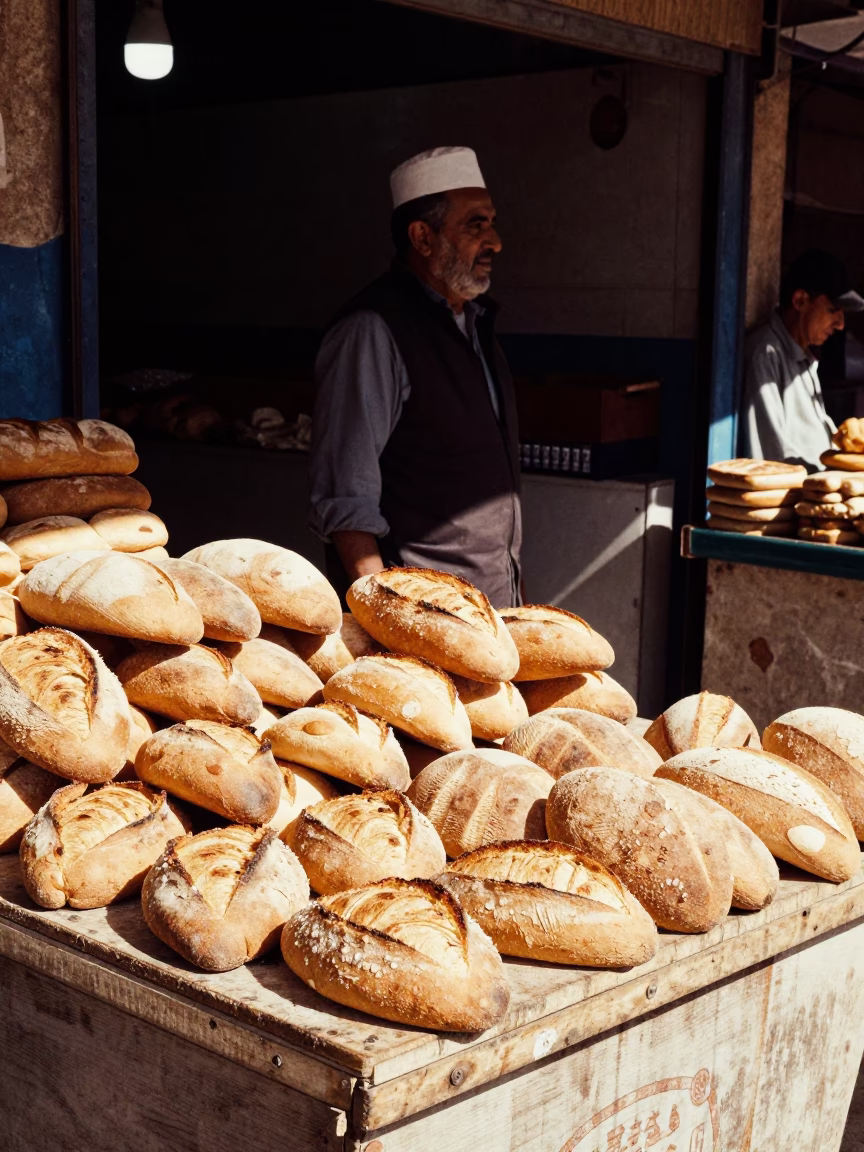 Casablanca Market Stall Displaying Fresh Bread Loaves Under Midday Sun in in Casablanca, Morocco