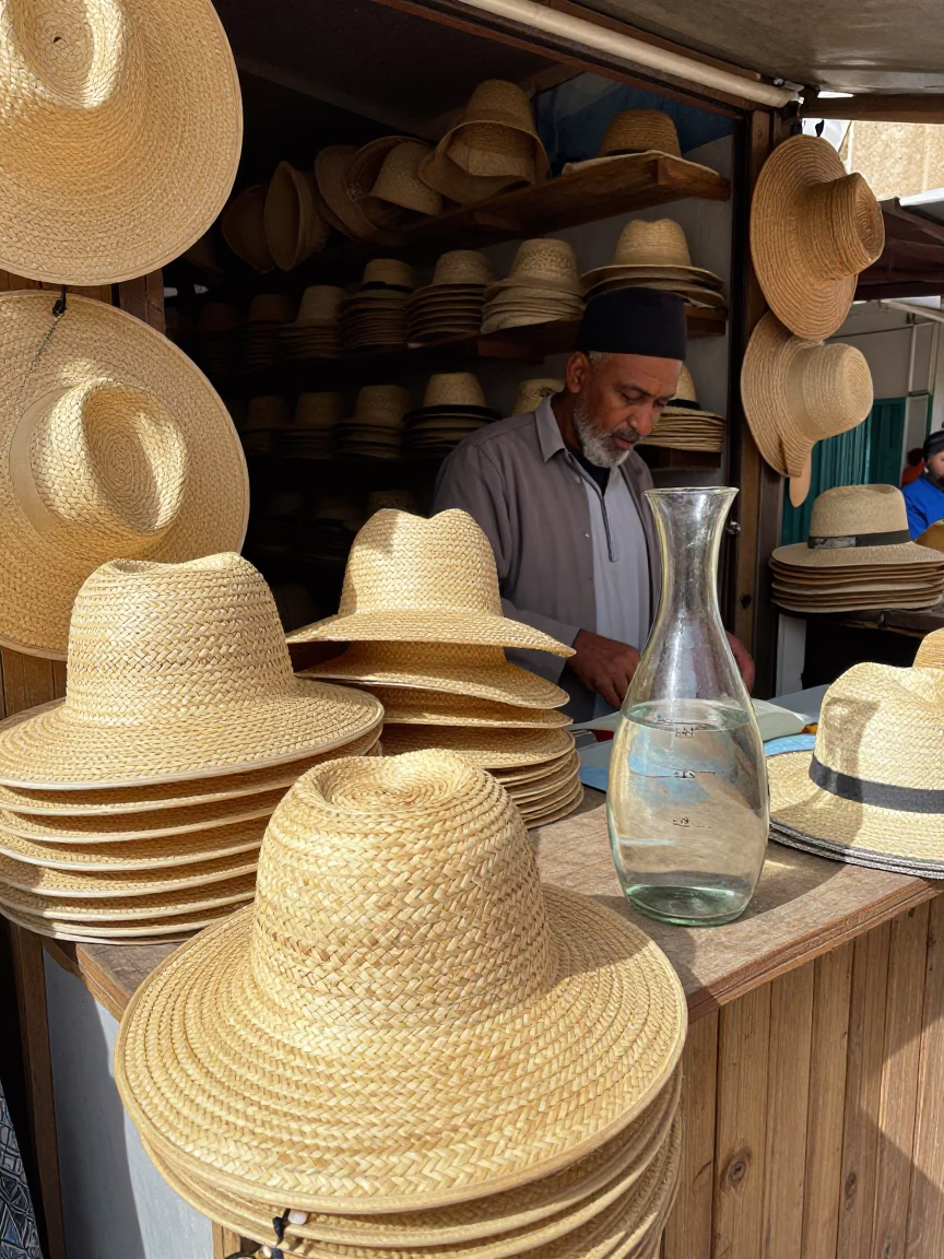 Casablanca Market Stall with Sun Hats and Glass Carafe in in Casablanca, Morocco