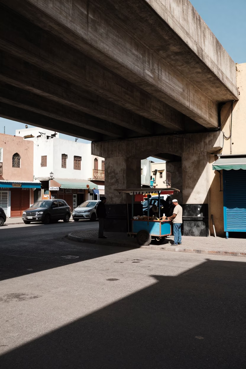 Casablanca Midday Street Scene Under Flyover Shadows with Local Market Activity in in Casablanca, Morocco
