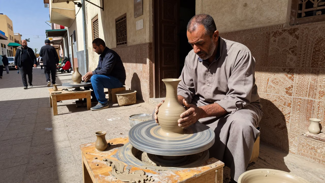 Casablanca Midday Street Scene with Ceramicist and Traditional Tea Service in in Casablanca, Morocco