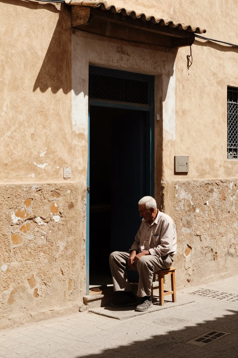 Casablanca Midday Street Scene with Elderly Potter Under Bright Chalky Light in in Casablanca, Morocco