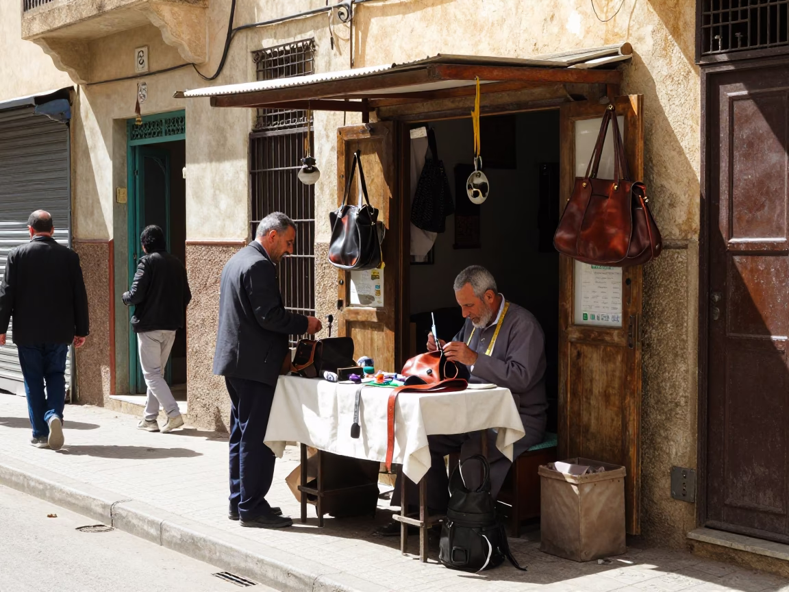 Casablanca Midday Street Scene with Sewing Tool and Caster Wheel in in Casablanca, Morocco