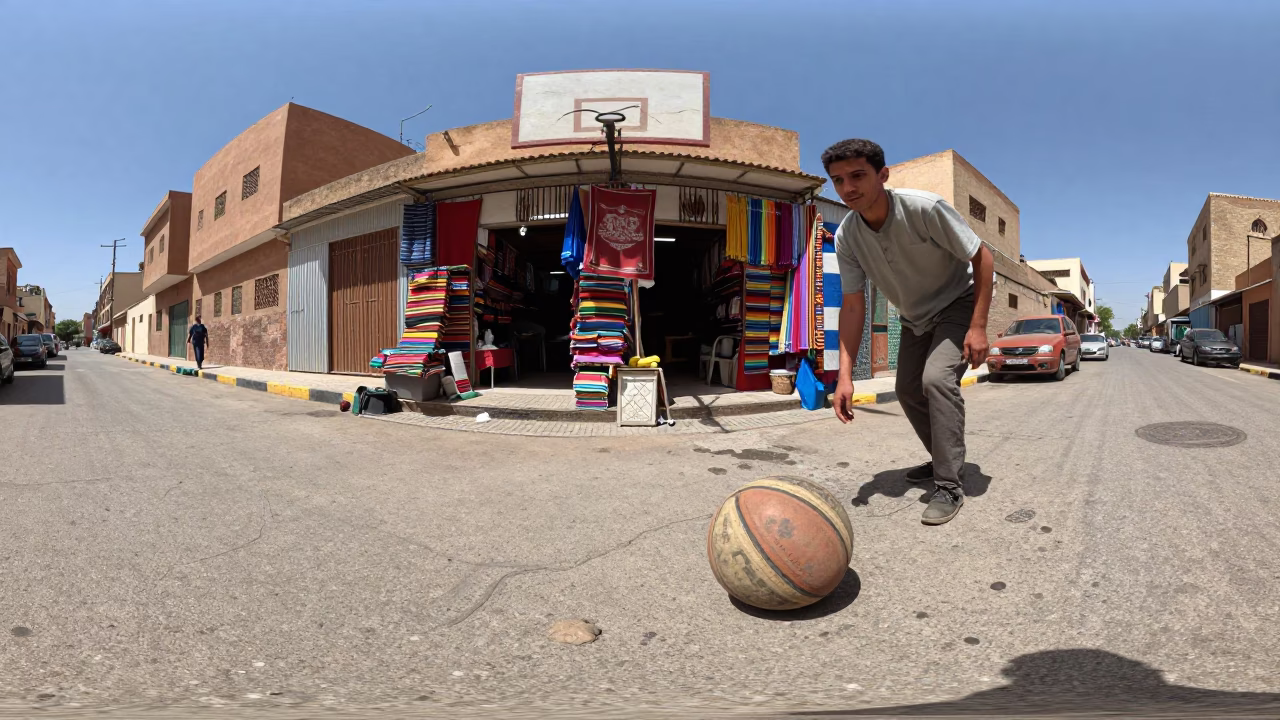 Casablanca Midday Street Scene with Vintage Basketball and Local Market Activity in in Casablanca, Morocco