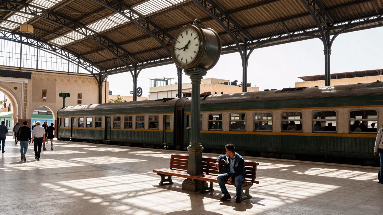 Casablanca Midday Street Scene with Vintage Train Station Clock and Lined Exercise Books in in Casablanca, Morocco
