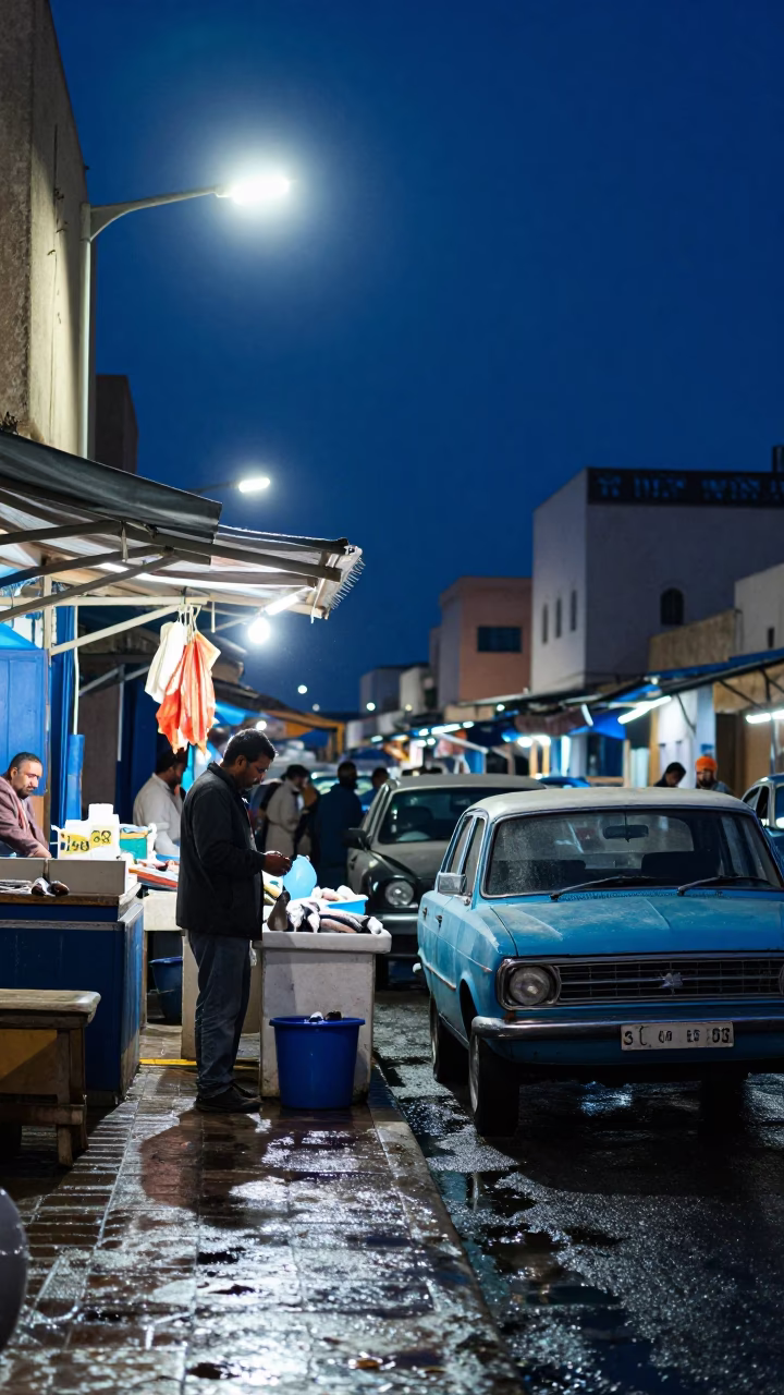 Casablanca Midnight Street Scene with Fishmonger and Vintage Car in in Casablanca, Morocco
