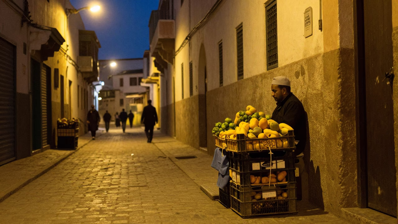 Casablanca Midnight Street Scene With Fruit Crate And Twine Fibers in in Casablanca, Morocco