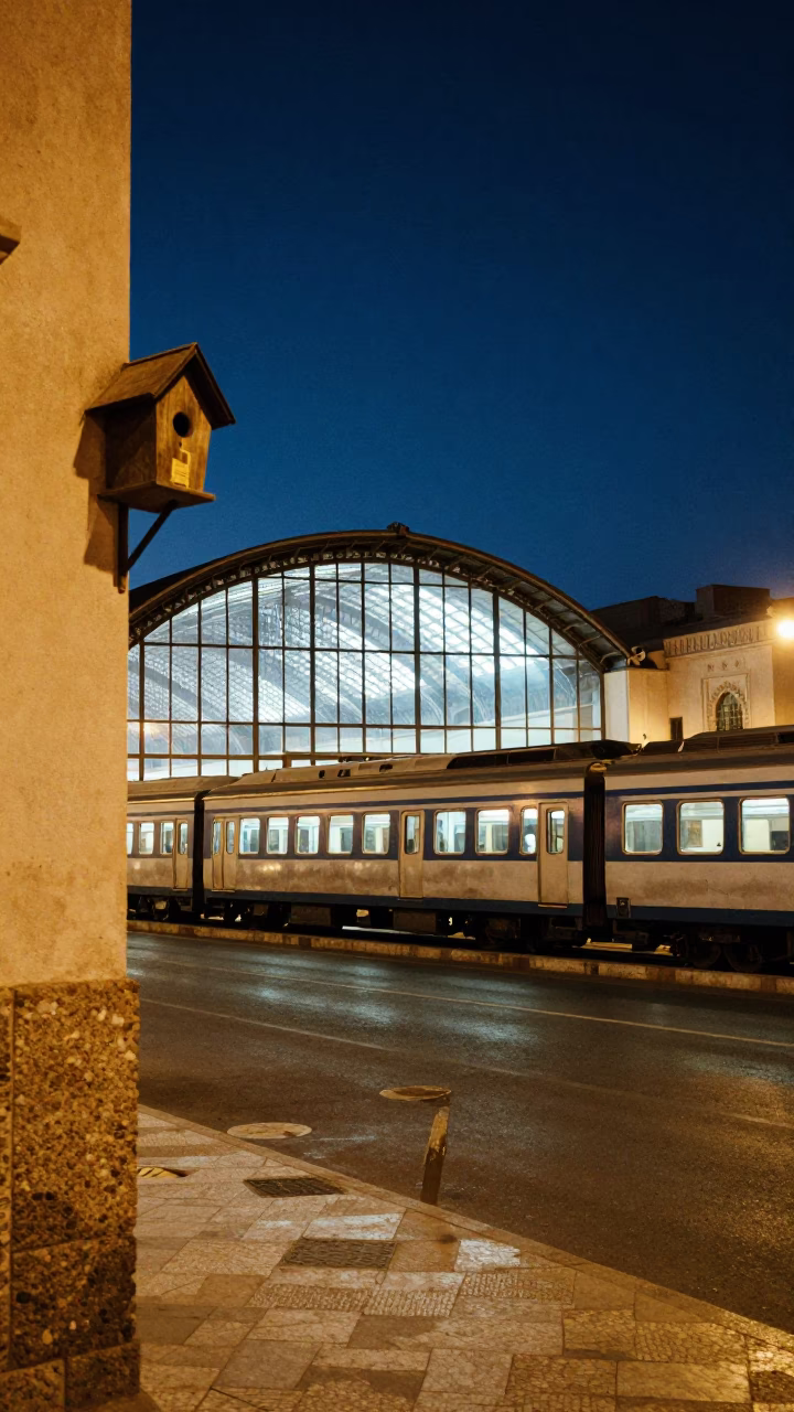 Casablanca Midnight Street Scene with Glass and Steel Train Station Arched Roof in in Casablanca, Morocco