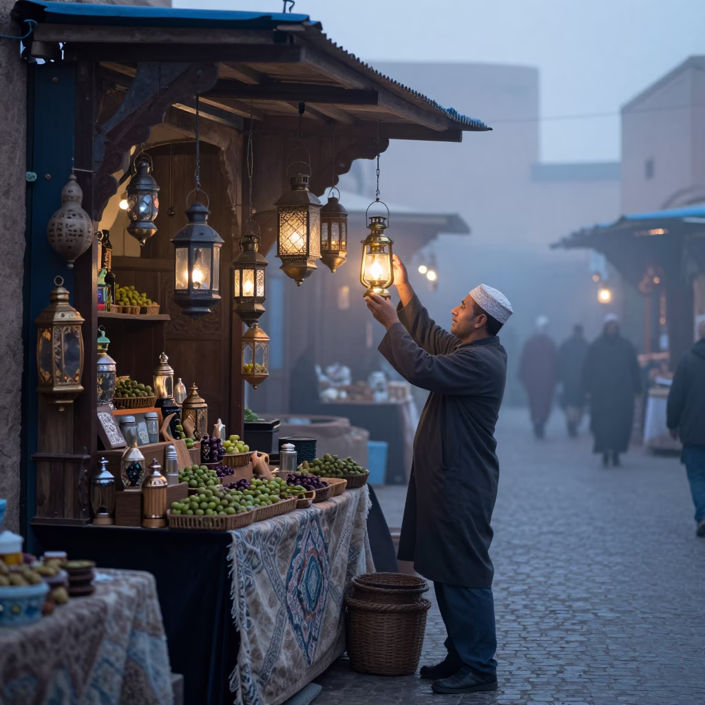 Casablanca Morning Market Stall with Lantern and Olive Wood Spoon Before Sunrise in in Casablanca, Morocco