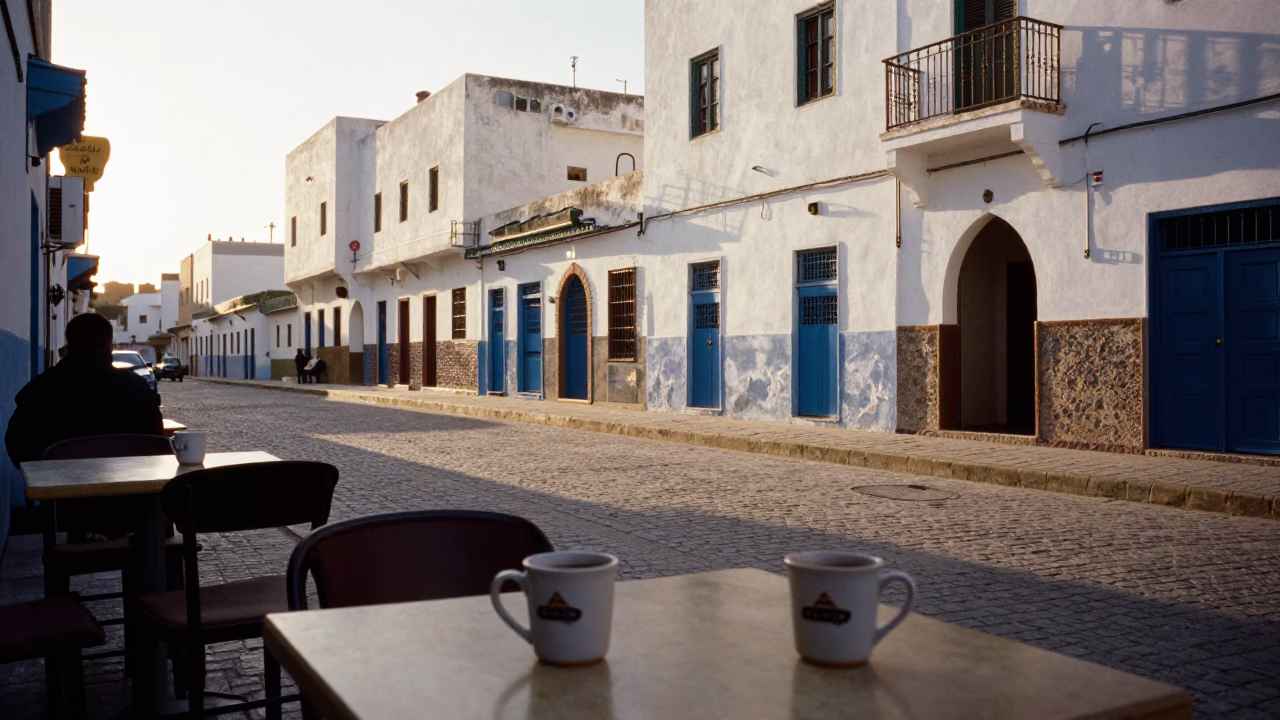 Casablanca Morning Street Scene with Coffee Mugs and Local Architecture in in Casablanca, Morocco