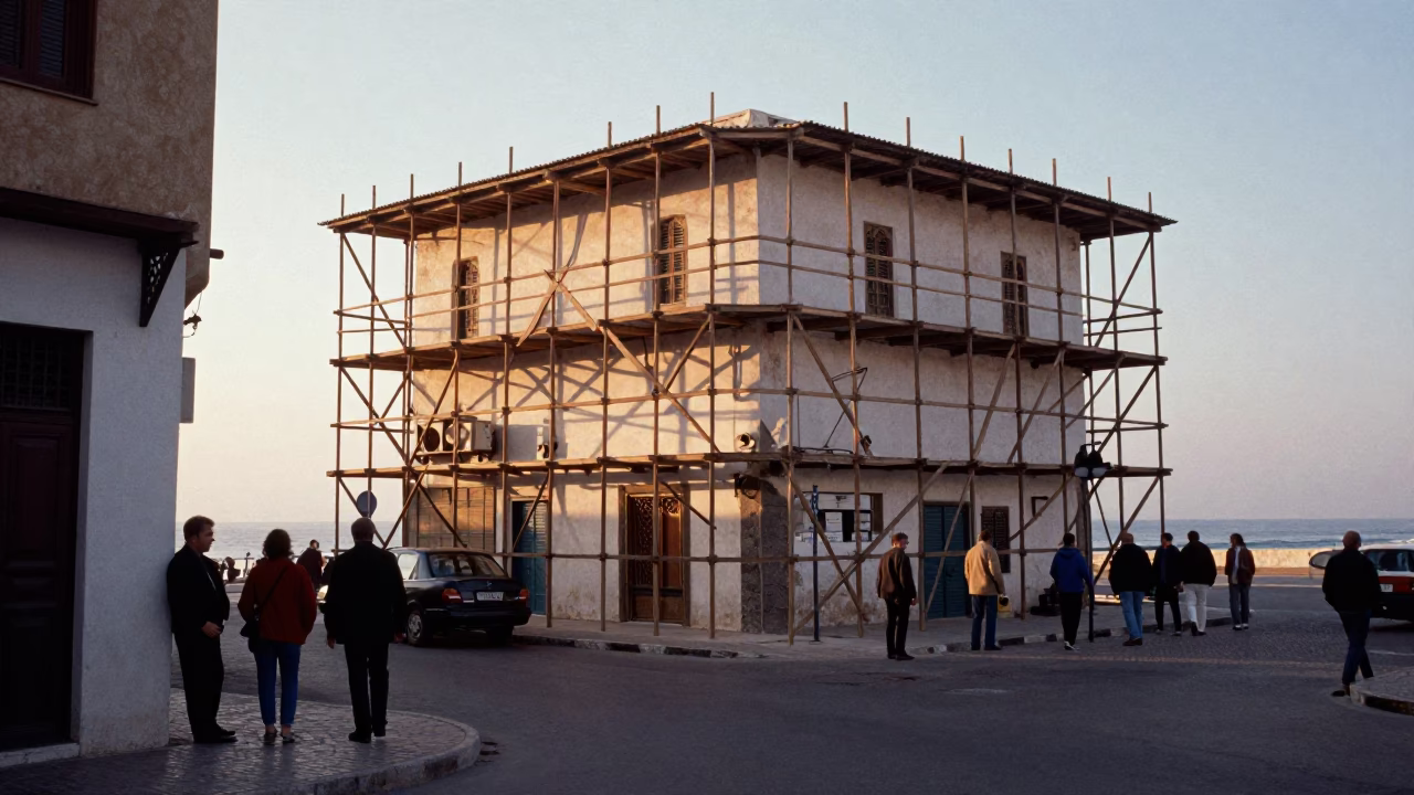 Casablanca Morning Street Scene with Geometric Scaffold and Coastal Breakwater Beacons in in Casablanca, Morocco