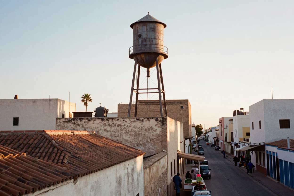 Casablanca Morning Street Scene with Rooftop Water Tower and Local Life in in Casablanca, Morocco