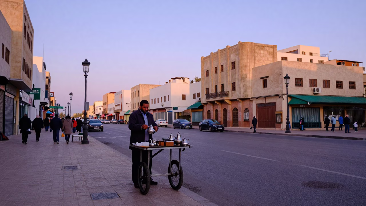 Casablanca Morning Street Scene with Vendor and Teapot at Nautical Dawn in in Casablanca, Morocco