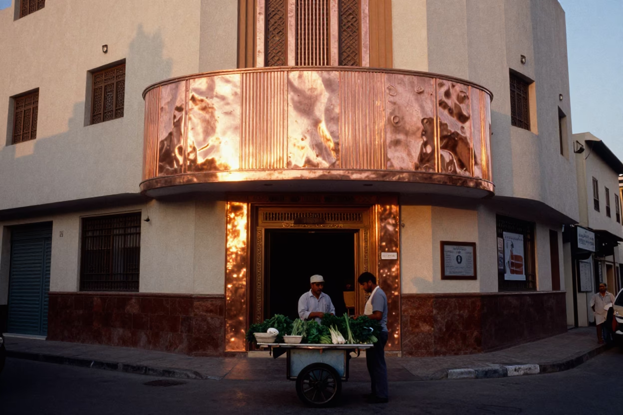 Casablanca Morocco Art Deco Facade Copper Light Before Dusk Street Scene in in Casablanca, Morocco