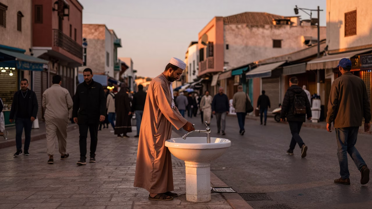 Casablanca Morocco Before Dusk Busy Street Scene with Wash Basin and Copper Light in in Casablanca, Morocco