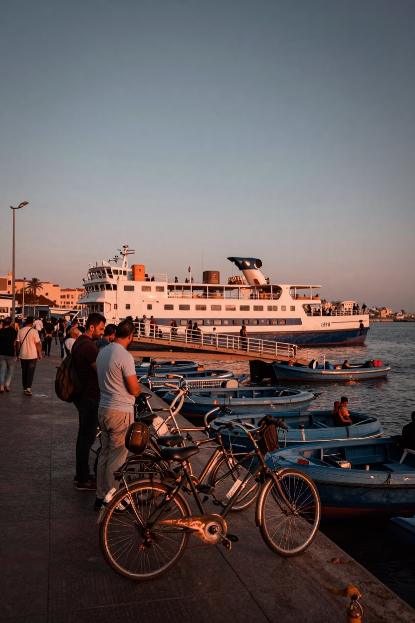 Casablanca Morocco Before Dusk Ferry Dock Loading Passengers Bicycles Copper Light in in Casablanca, Morocco