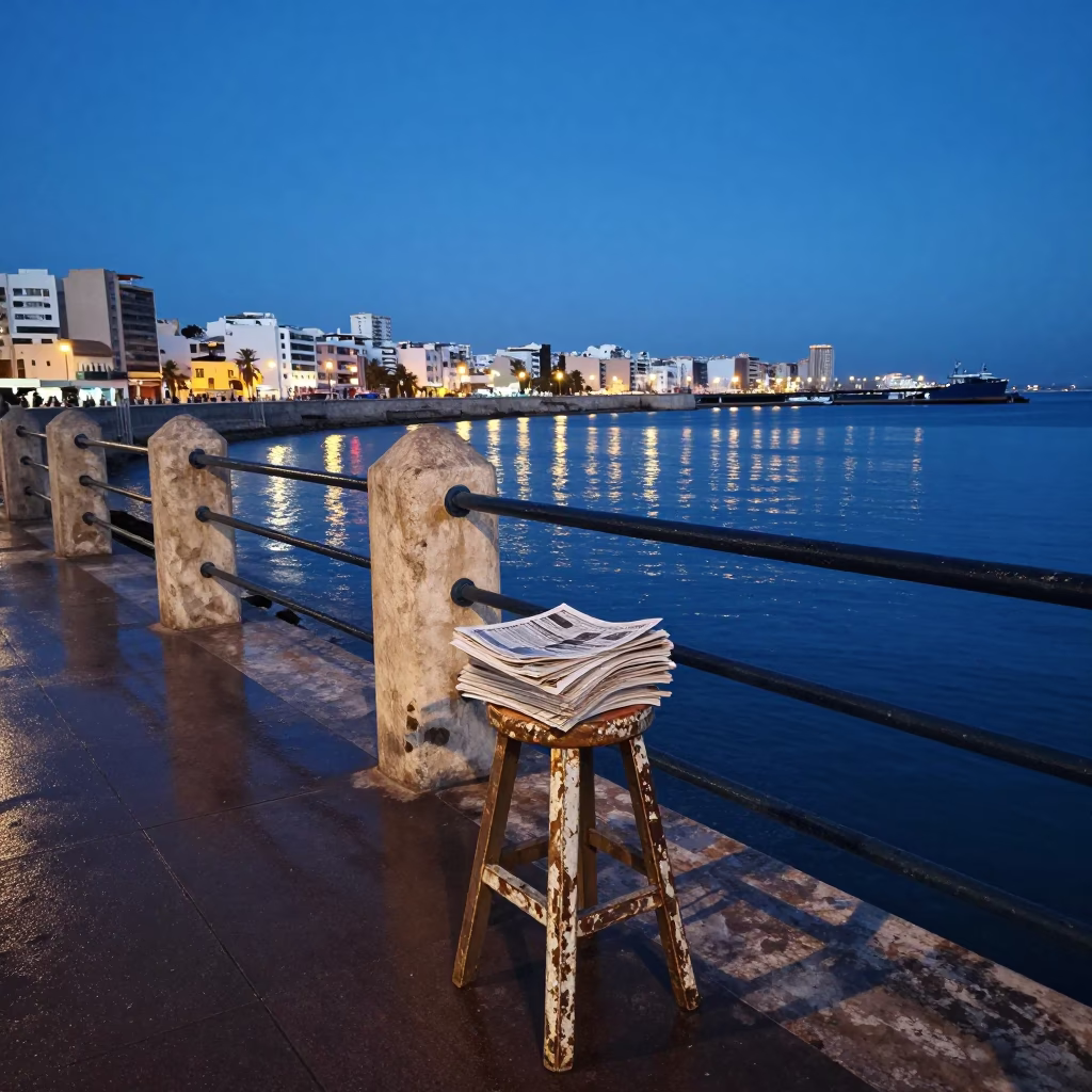 Casablanca Morocco Blue Hour Harbor Scene with Work Stool and Newspaper Stack in in Casablanca, Morocco