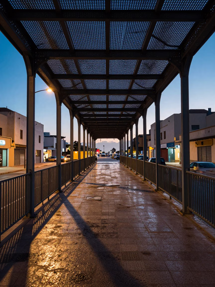 Casablanca Morocco Blue Hour Pedestrian Overpass with Perforated Metal and Wet Footsteps in in Casablanca, Morocco