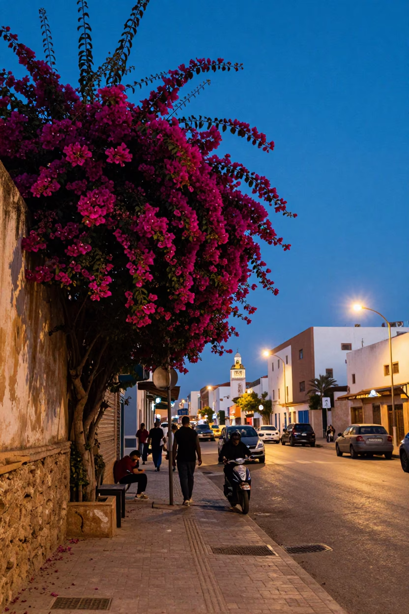 Casablanca Morocco blue hour street scene with bougainvillea and urban life in in Casablanca, Morocco