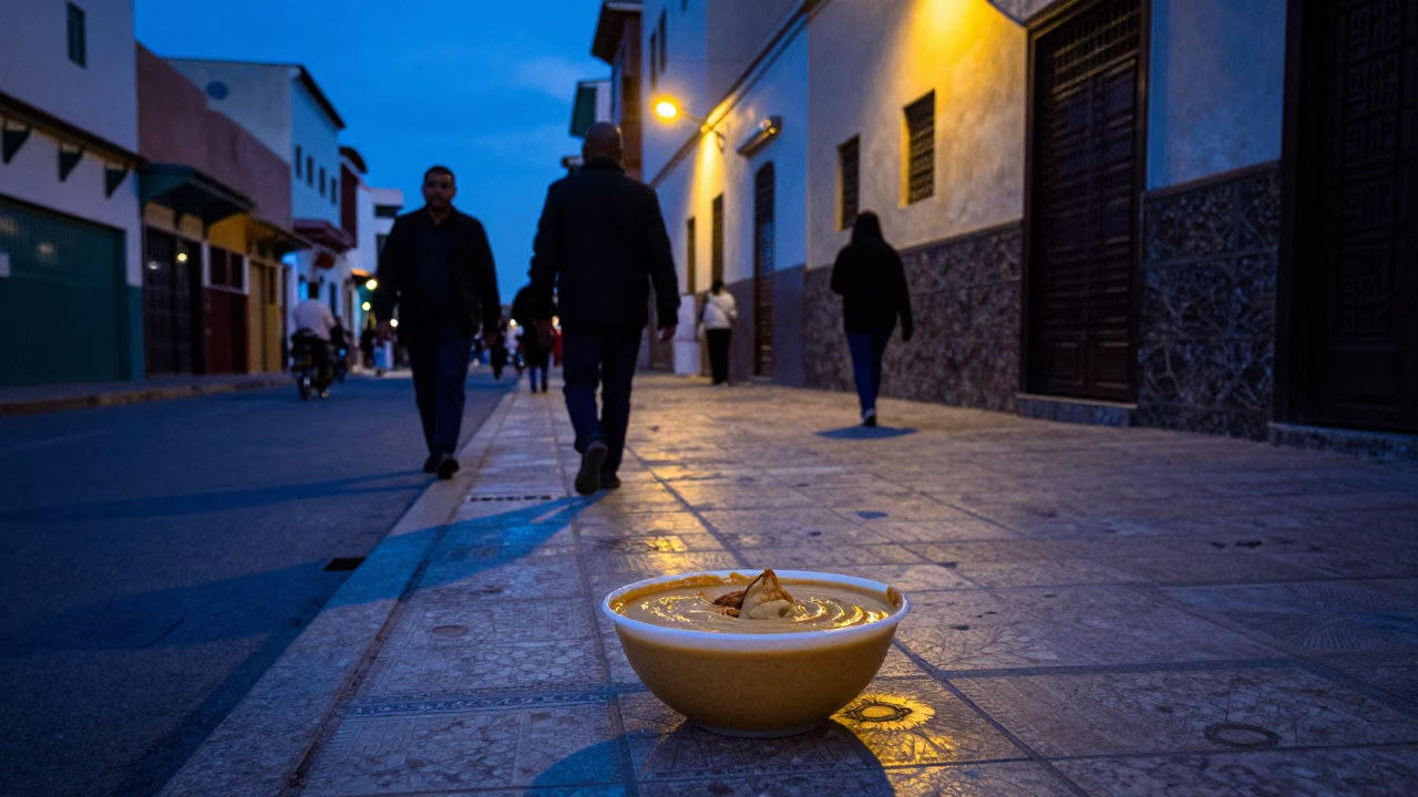 Casablanca Morocco Blue Hour Street Scene with Bowl of Maafe Peanut Sauce in in Casablanca, Morocco