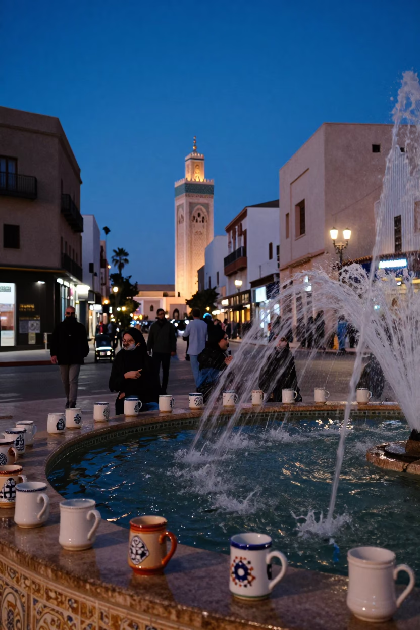 Casablanca Morocco Blue Hour Street Scene with Ceramic Mugs and Fountain Spray in in Casablanca, Morocco