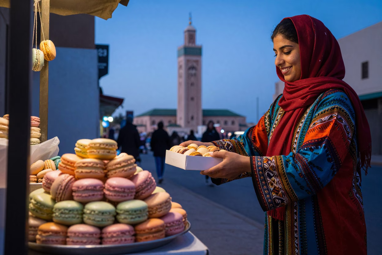 Casablanca Morocco Blue Hour Street Scene with Colorful Pastel Macarons in in Casablanca, Morocco