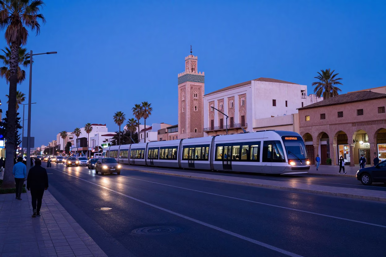 Casablanca Morocco Blue Hour Street Scene with Monorail and Traditional Architecture in in Casablanca, Morocco