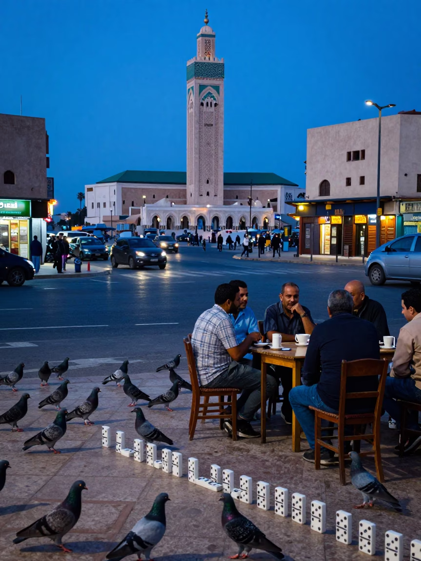 Casablanca Morocco blue hour street scene with pigeons and dominoes in in Casablanca, Morocco