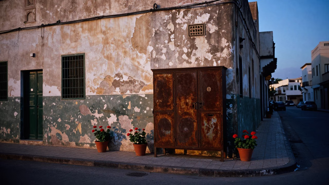 Casablanca Morocco Blue Hour Street Scene with Potted Geraniums and Rusty Cabinet in in Casablanca, Morocco