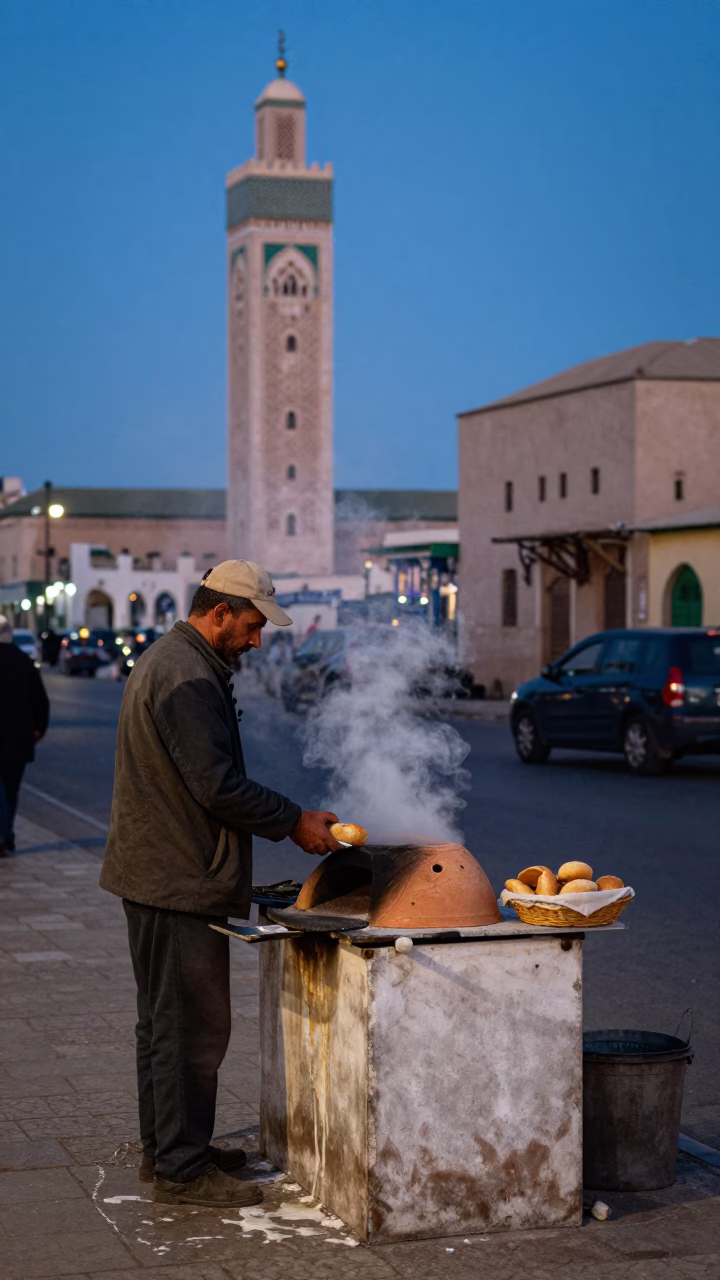 Casablanca Morocco Blue Hour Street Scene with Soap Residue and Bread Basket in in Casablanca, Morocco
