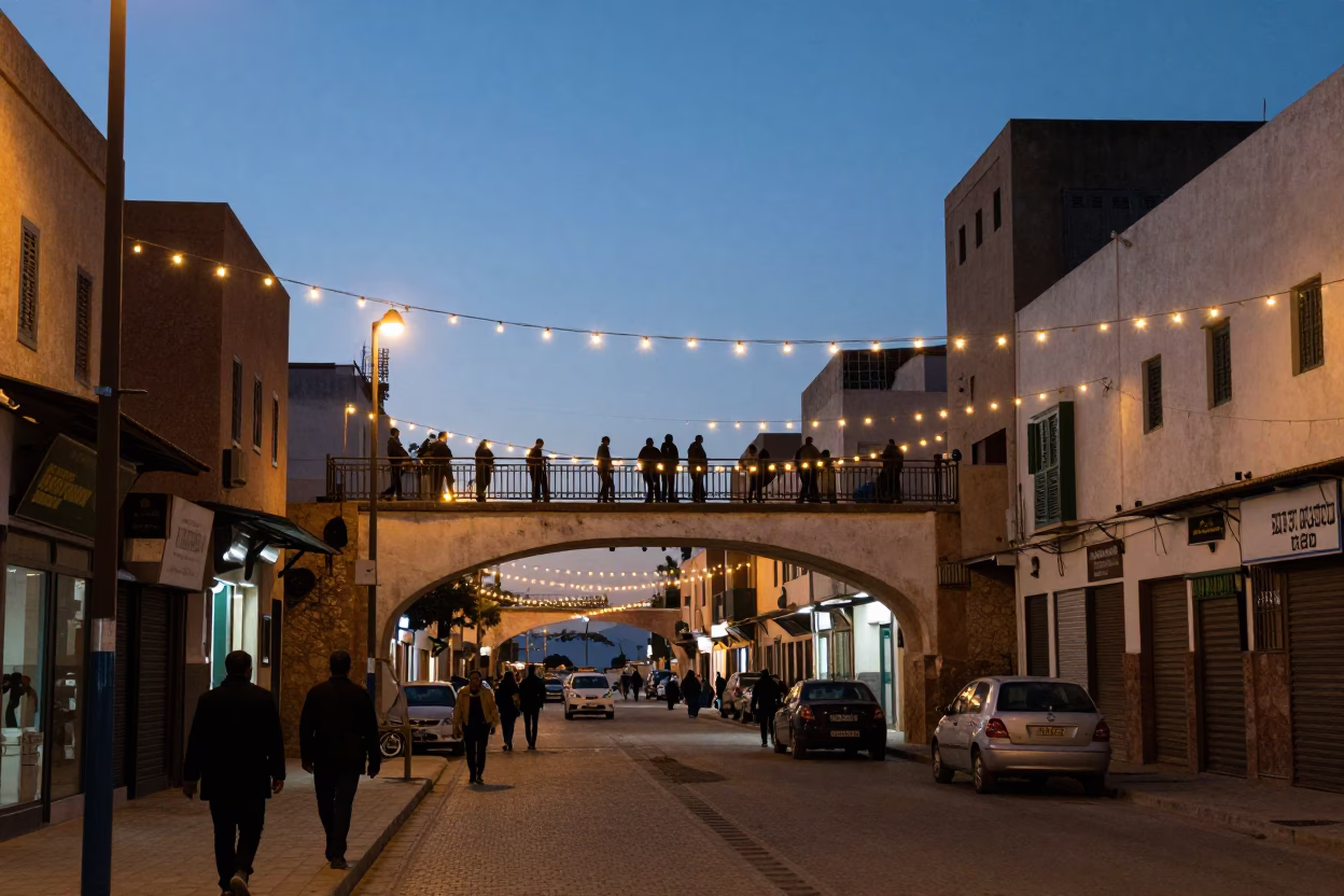 Casablanca Morocco Blue Hour Street Scene with String Lights and Pedestrian Overpass in in Casablanca, Morocco