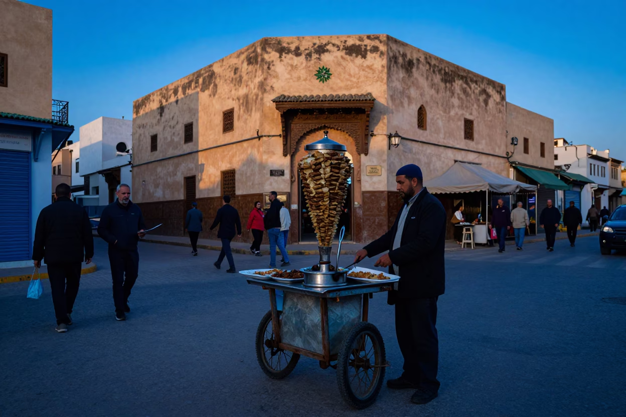 Casablanca Morocco Blue Hour Street Scene with Traditional Kebab Plate in in Casablanca, Morocco