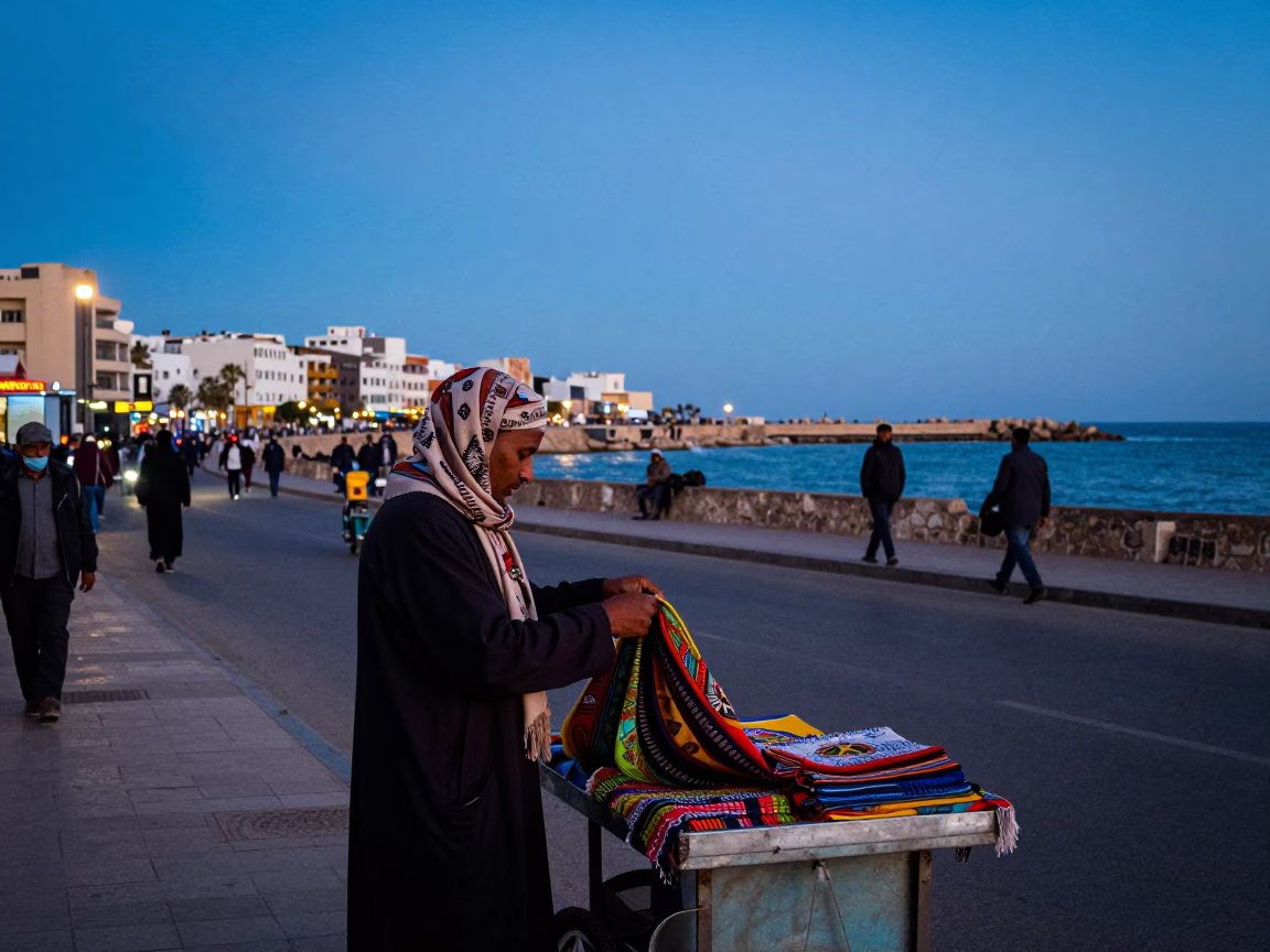 Casablanca Morocco Blue Hour Street Scene with Traditional Scarf and Harbor Breakwater in in Casablanca, Morocco