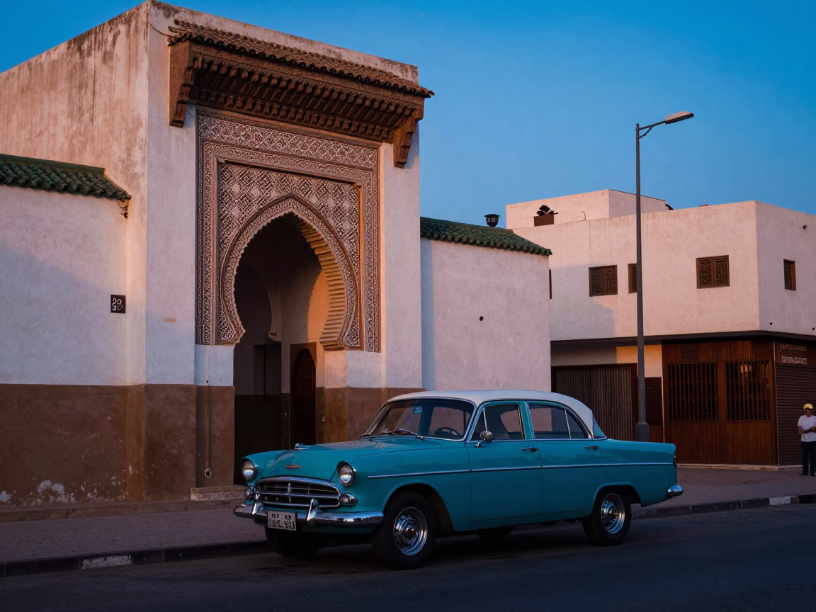 Casablanca Morocco Blue Hour Street Scene with Vintage Car and Architectural Details in in Casablanca, Morocco