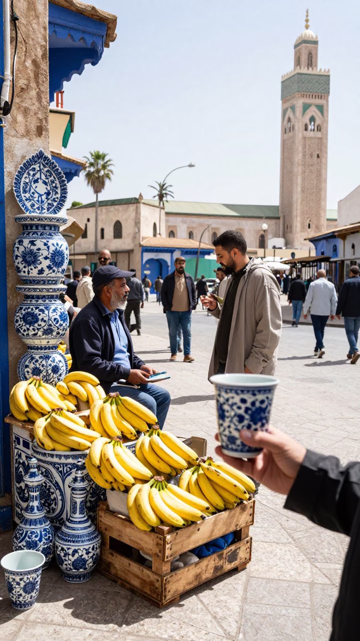 Casablanca Morocco Bright Midmorning Street Scene with Blue Floral Porcelain and Bananas in in Casablanca, Morocco