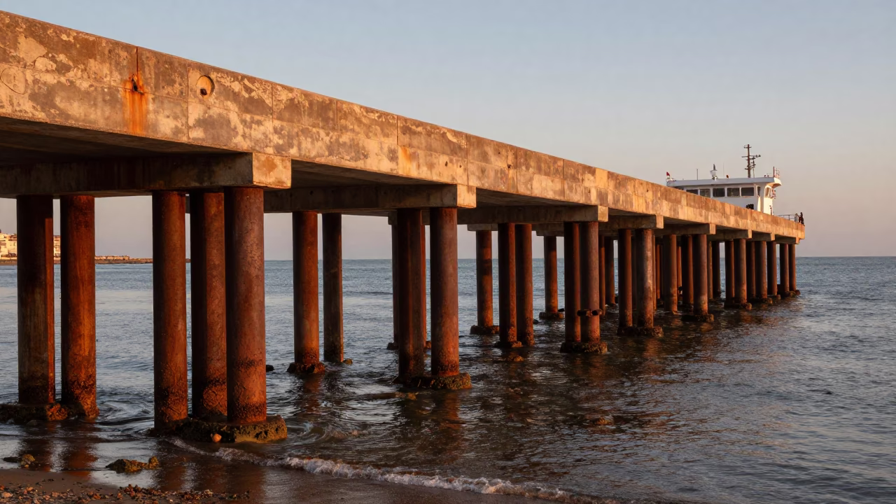 Casablanca Morocco copper dusk ferry ramp low tide piling system coastal scene in in Casablanca, Morocco